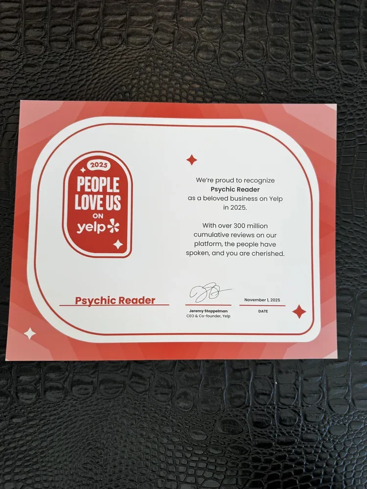 Yelp People Love Us 2025 certificate awarded to Psychic Reader in Woodland Hills